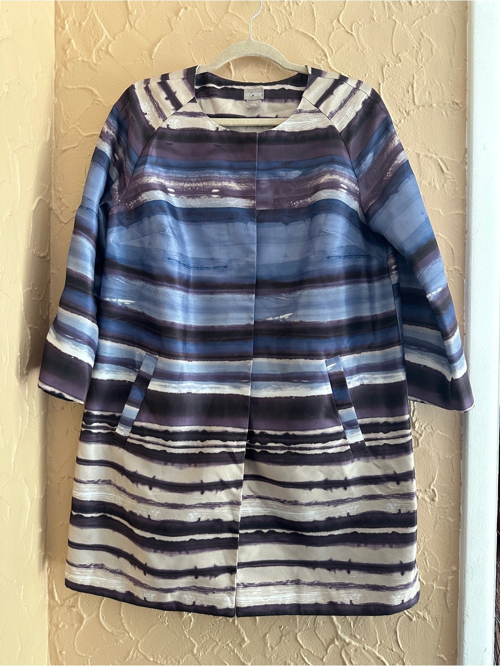Chico's Blue and Navy Watercolor-Stripe Coat